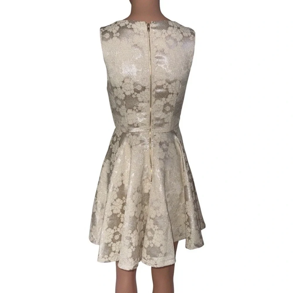 Blue‎ Rain Ivory Gold Metallic Jacquard Side Cutout Fit Flare Dress XS